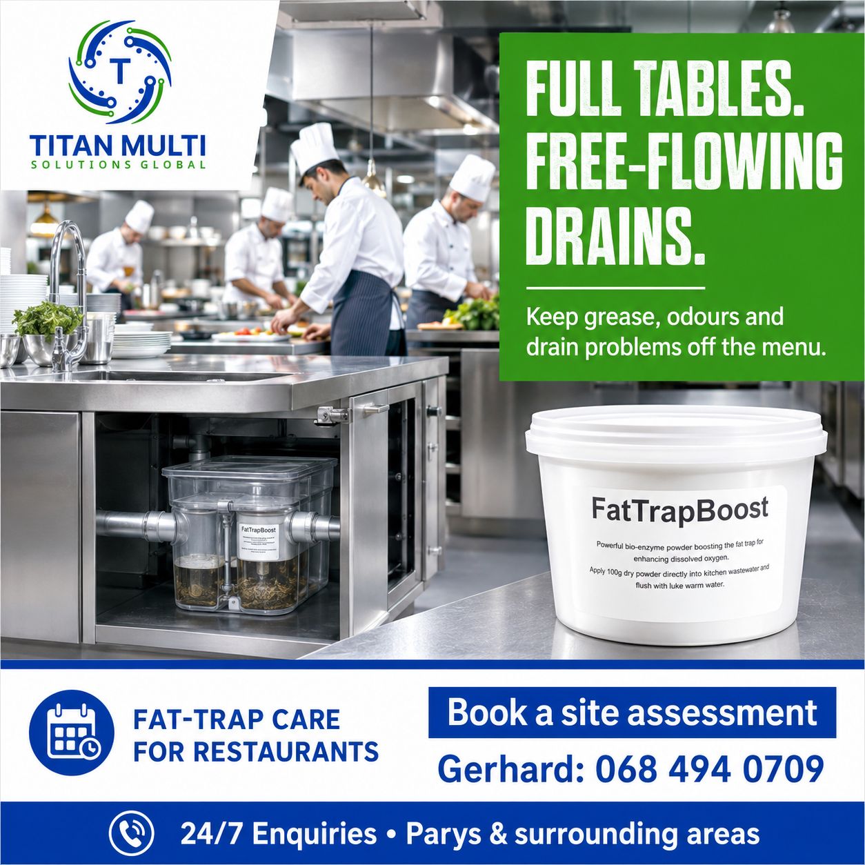 Under counter fat trap treated on a weekly cycle